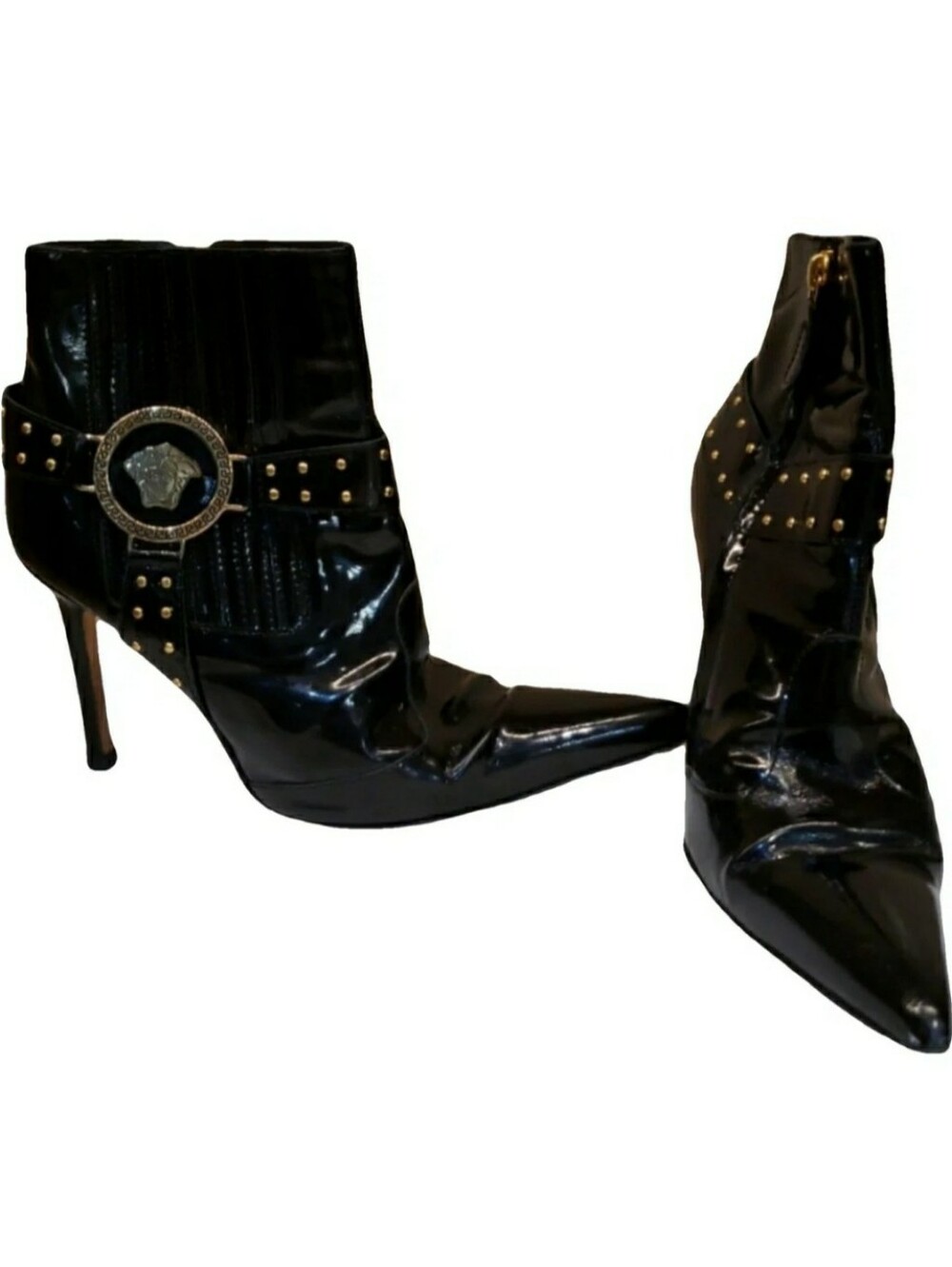 Versace Black Patent Pointed Ankle Boots with Medusa Buckle